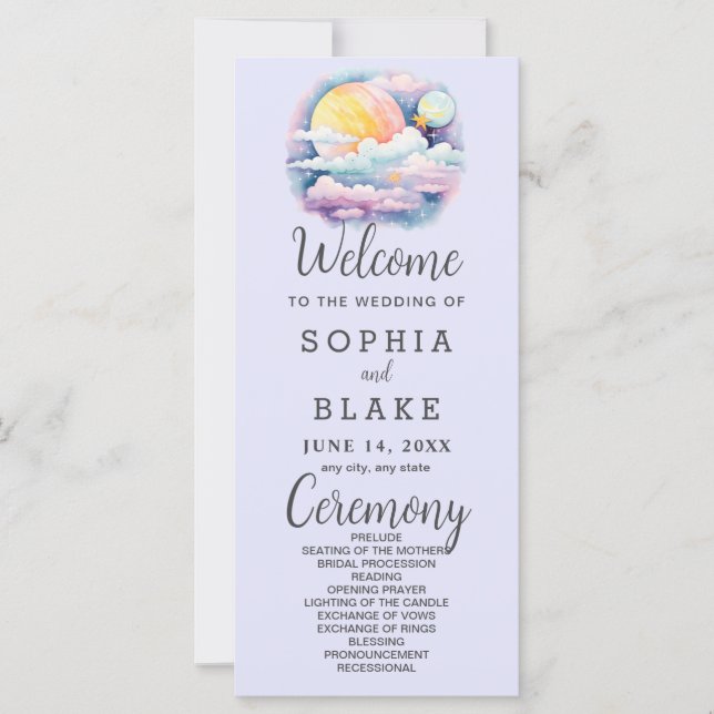 Full Moon Celestial Stars Lavender Wedding Program (Front)