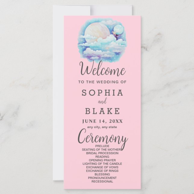 Full Moon Celestial Stars Pink Wedding Program (Front)