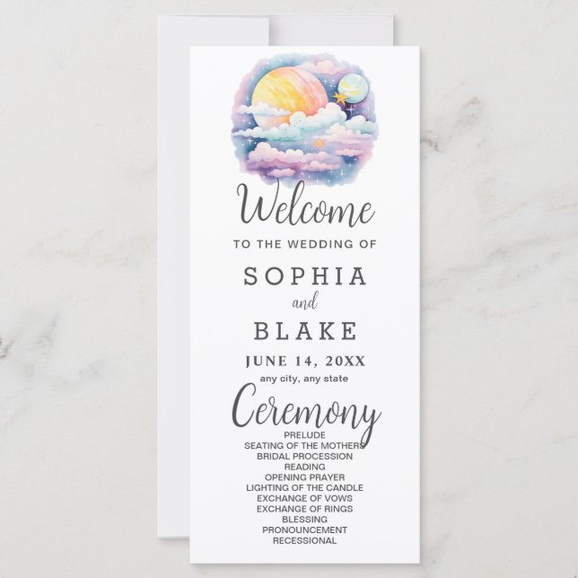 Full Moon Celestial Stars White Wedding Program (Front)