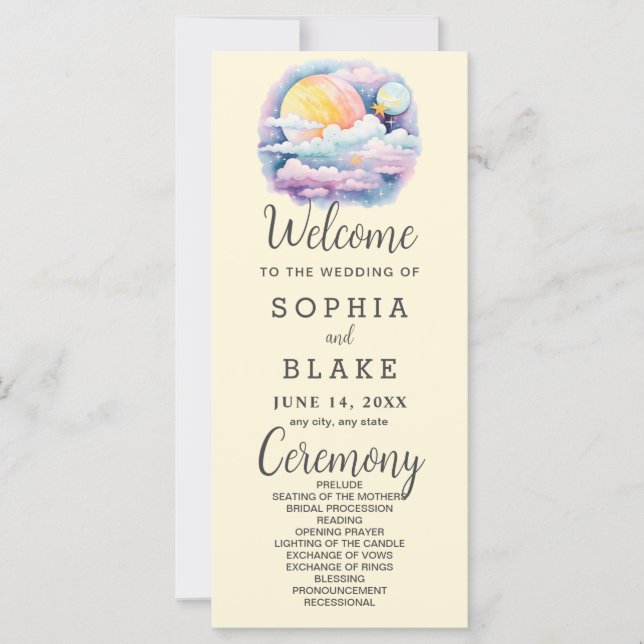 Full Moon Celestial Stars White Wedding Program (Front)