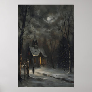 Full Moon Church in Snow Art Print Dark Academia