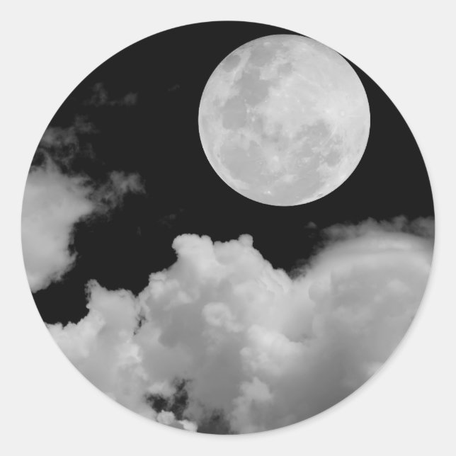FULL MOON CLOUDS BLACK AND WHITE CLASSIC ROUND STICKER (Front)