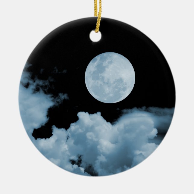 FULL MOON & CLOUDS BLACK & BLUE CERAMIC ORNAMENT (Front)