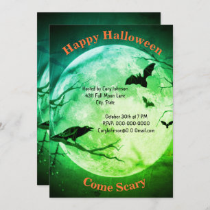 Full Moon, Crow, Bats, Green Tint Sky Halloween Invitation
