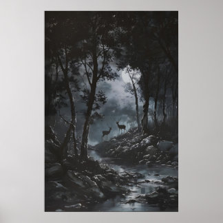 Full Moon Dark Forest with Fawn Deer Art Dark Poster