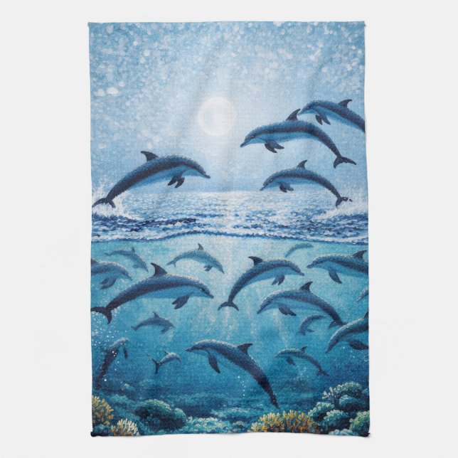 Full Moon Dolphins  Kitchen Towel (Vertical)