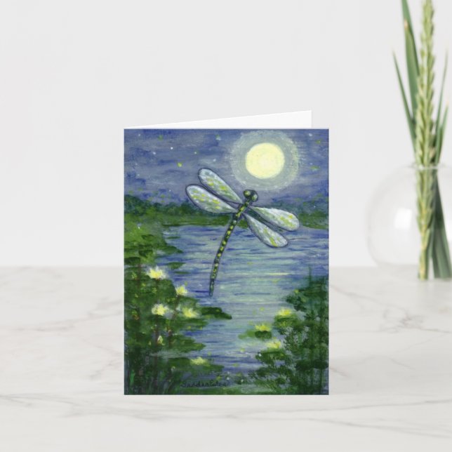 Full Moon Dragonfly Pond Waterlilies Art Note Card (Front)