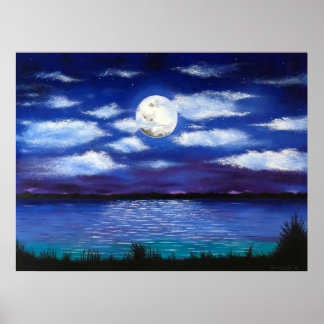 “Full Moon’ Evening Ocean Scene Art Poster Print