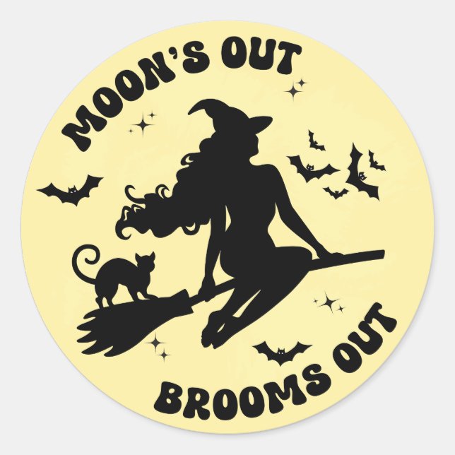 Full moon funny Halloween brooms out witchy vibe Classic Round Sticker (Front)