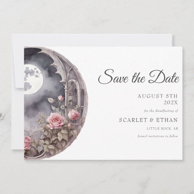 Full Moon Garden Door Pink Rose Boho Handfasting Save The Date (Front)