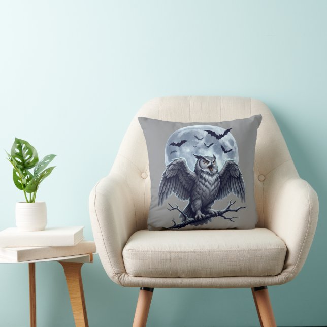 Full Moon Grey Owl with Bats Throw Pillow (Chair)