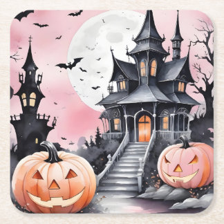 Full moon Haunted house Halloween Square Paper Coaster