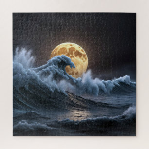 Full Moon In Ocean Wave Jigsaw Puzzle
