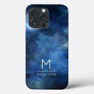 Full Moon Navy Blue Galaxy Sky Celestial Monogram iPhone 13 Pro Case