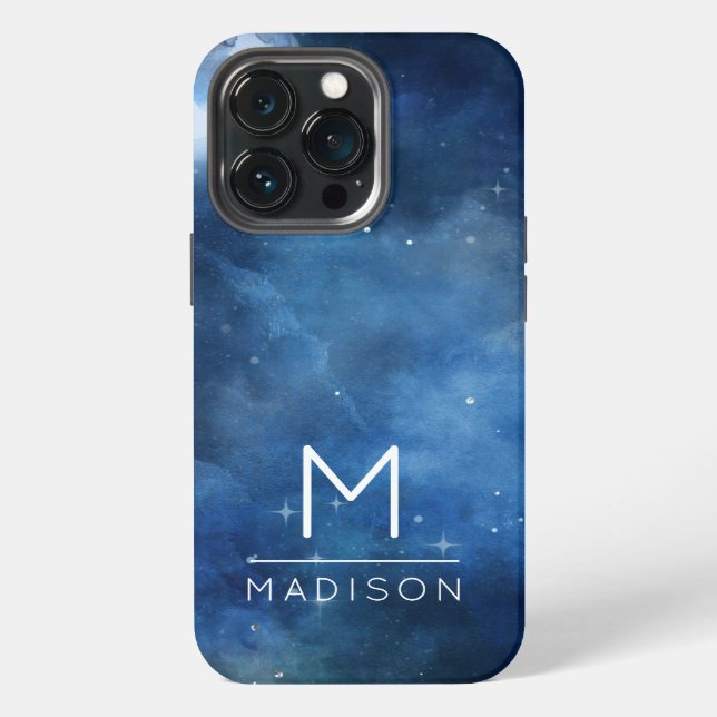 Full Moon Navy Blue Galaxy Sky Celestial Monogram iPhone Case (Back)