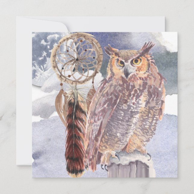 Full Moon Night Owl & Dream Catcher Pagan Greeting Card (Front)
