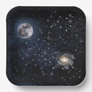 Full Moon Night Sky Stars Outer Space Paper Dinne Plate