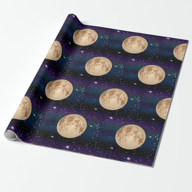 Full Moon on Starry Night Hand Drawn Birthday Wrapping Paper (Unrolled)