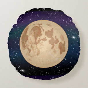 Full Moon on Starry Night Hand Drawn Round Pillow