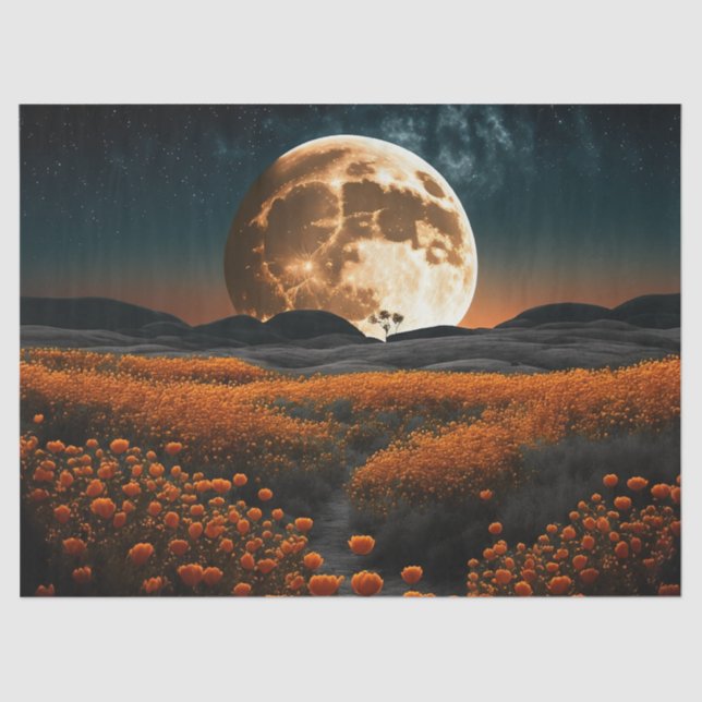 Full Moon Orange Field of Flowers Decoupage Tissue Paper (Front)