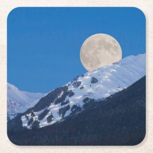 Full Moon Over Alyeska Ski Resort, Alaska Square Paper Coaster