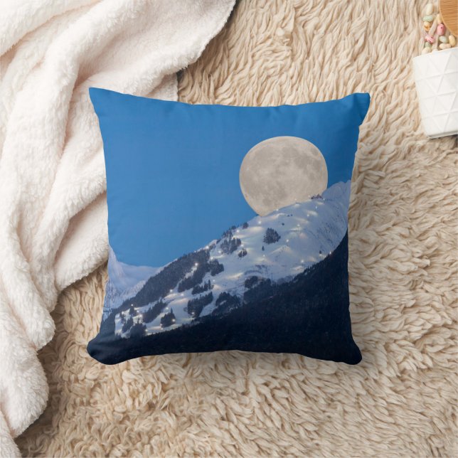 Full Moon Over Alyeska Ski Resort, Alaska Throw Pillow (Blanket)