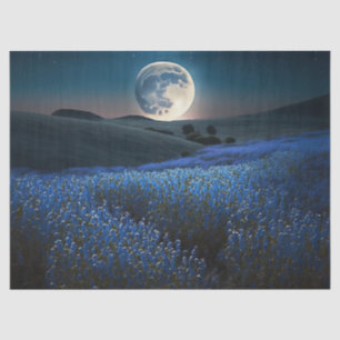 Full Moon over Blue Field of Flowers Decoupage Tissue Paper