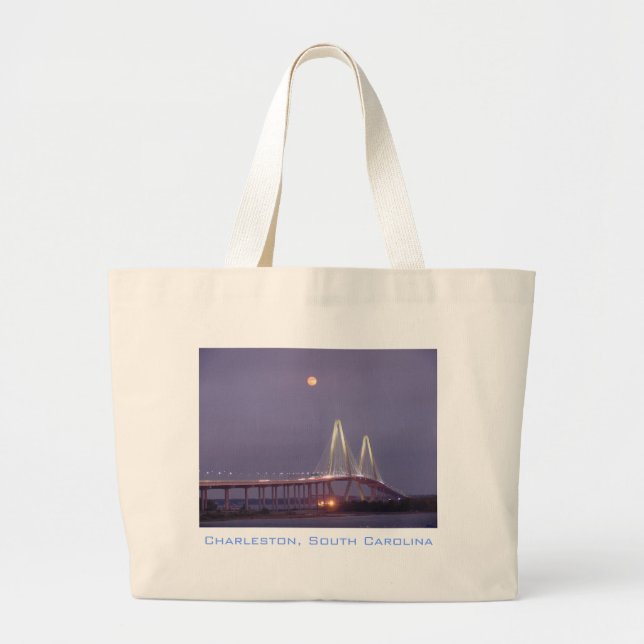 Full Moon over Cooper River Bridge, Charleston Large Tote Bag (Front)