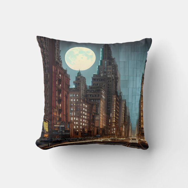 Full Moon over New York Throw Pillow (Front)