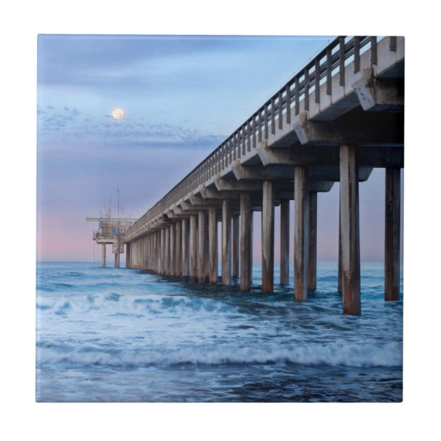 Full moon over pier, California Tile (Front)