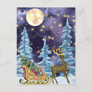 Full Moon Over Reindeer With Sleigh Postcard