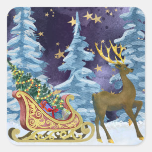 Full Moon Over Reindeer With Sleigh Square Sticker