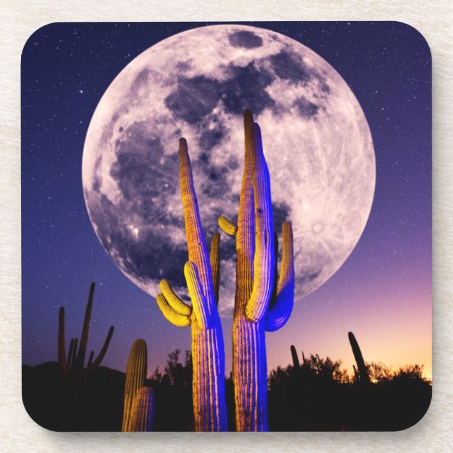 Full Moon Over Saguaro Cactus Coaster (Front)