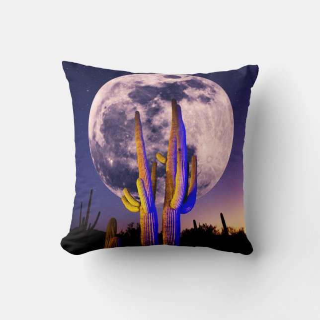 Full Moon Over Saguaro Cactus Throw Pillow (Front)