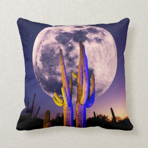 Full Moon Over Saguaro Cactus Throw Pillow