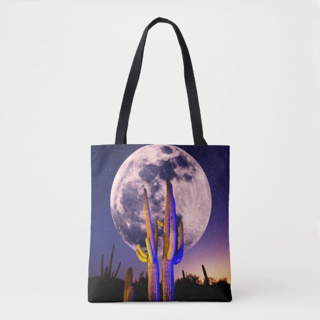 Full Moon Over Saguaro Cactus Tote Bag (Front)