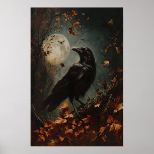 Full Moon Raven in Autumn Art Print, Crow Art Poster