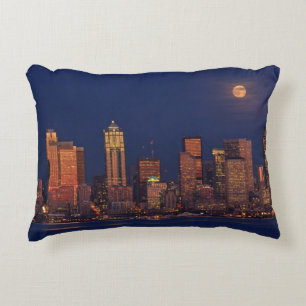 Full moon rising over downtown Seattle skyline Accent Pillow
