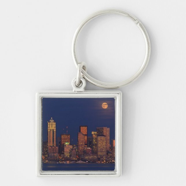 Full moon rising over downtown Seattle skyline Keychain (Front)