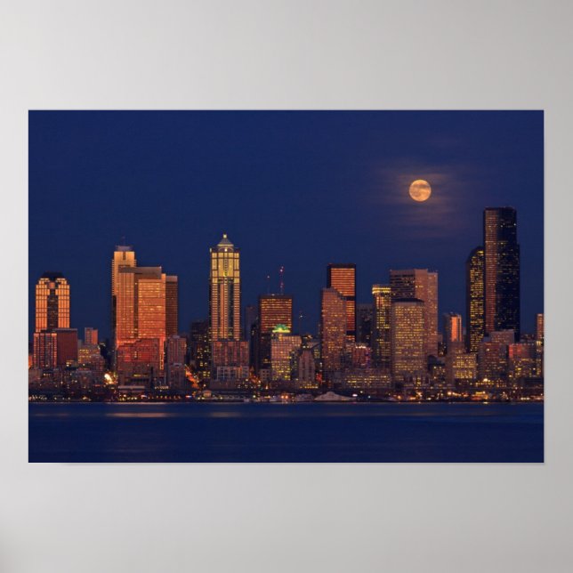 Full moon rising over downtown Seattle skyline Poster (Front)