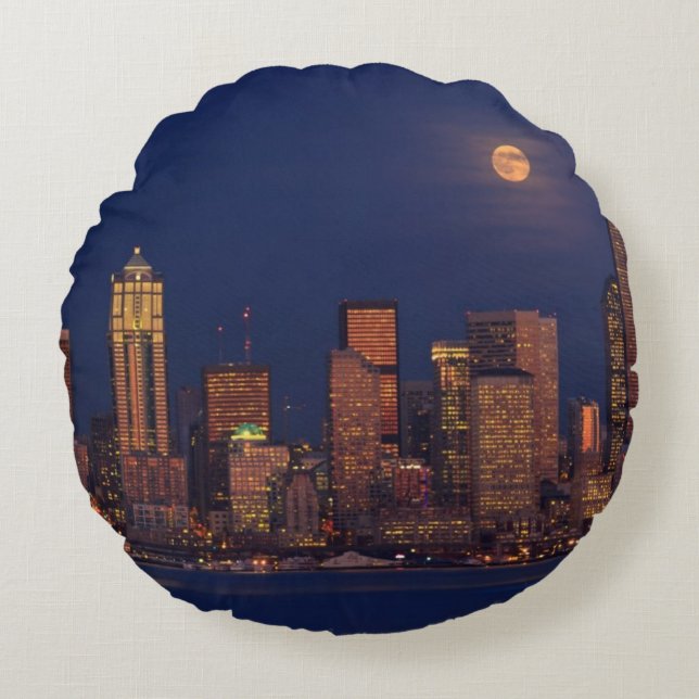 Full moon rising over downtown Seattle skyline Round Pillow (Front)