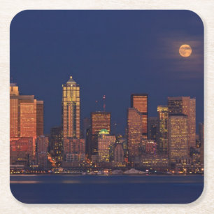 Full moon rising over downtown Seattle skyline Square Paper Coaster