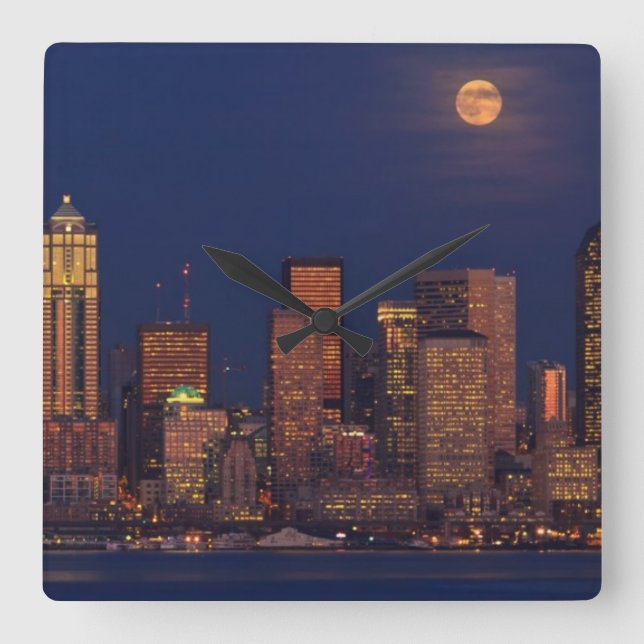 Full moon rising over downtown Seattle skyline Square Wall Clock (Front)