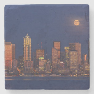 Full moon rising over downtown Seattle skyline Stone Coaster