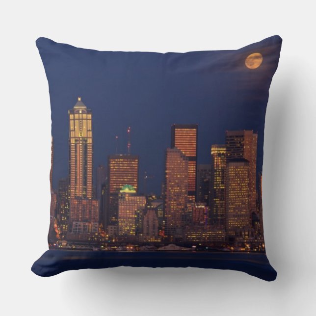 Full moon rising over downtown Seattle skyline Throw Pillow (Front)