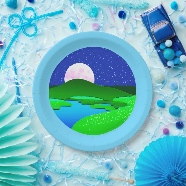 Full Moon Rising Over Green Hills  Paper Plate (Party)