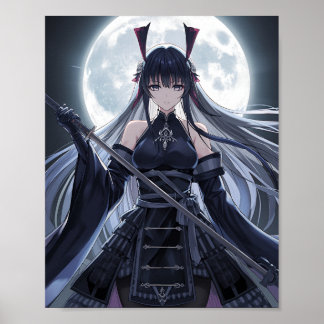 Full Moon Samurai — Elegant Dark Anime Warrior Gir Poster