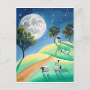 FULL MOON & SHEEP PAINTING POSTCARD
