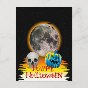 Full Moon, Skull and Blue Pumpkin at Night. Postcard