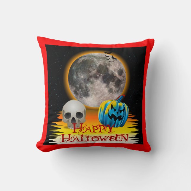 Full Moon, Skull and Blue Pumpkin at Night. Throw Pillow (Front)